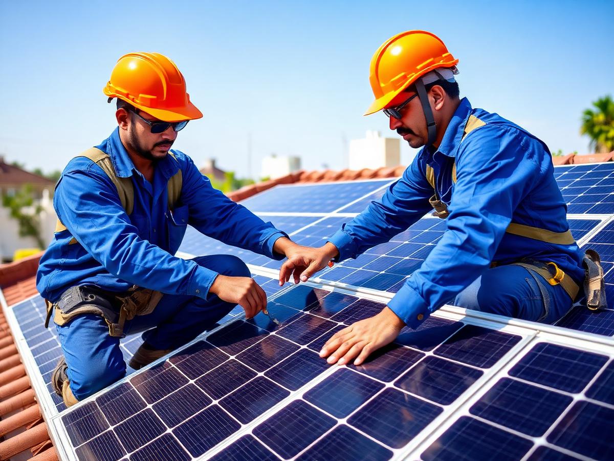 Technicians installing solar panels on a rooftop